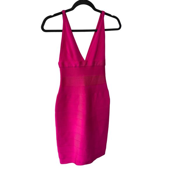 Herve Leger Dresses & Skirts - Hervé Léger Fuchsia Bandage Dress XS Deep V Bodycon Mini Clubwear Cocktail